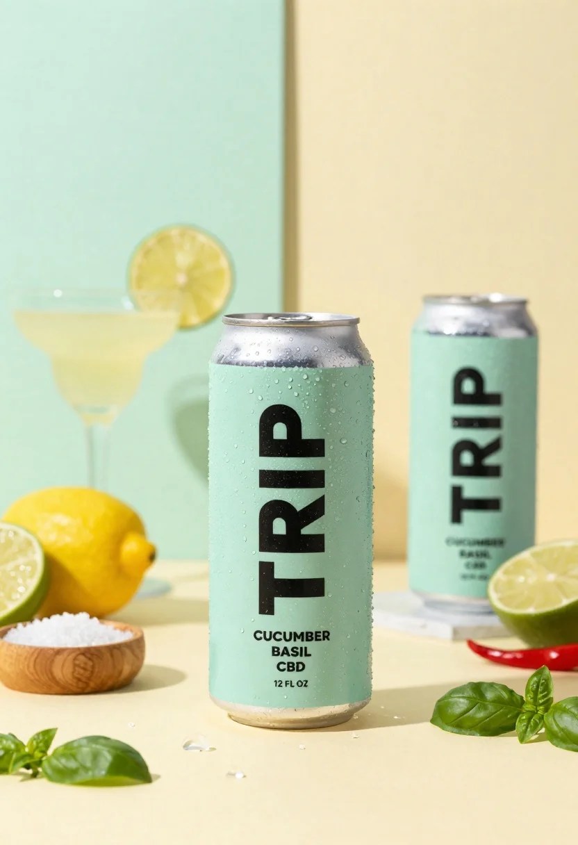 A frosty can of Trip Cucumber Basil CBD covered in condensation, set against pastel colors.