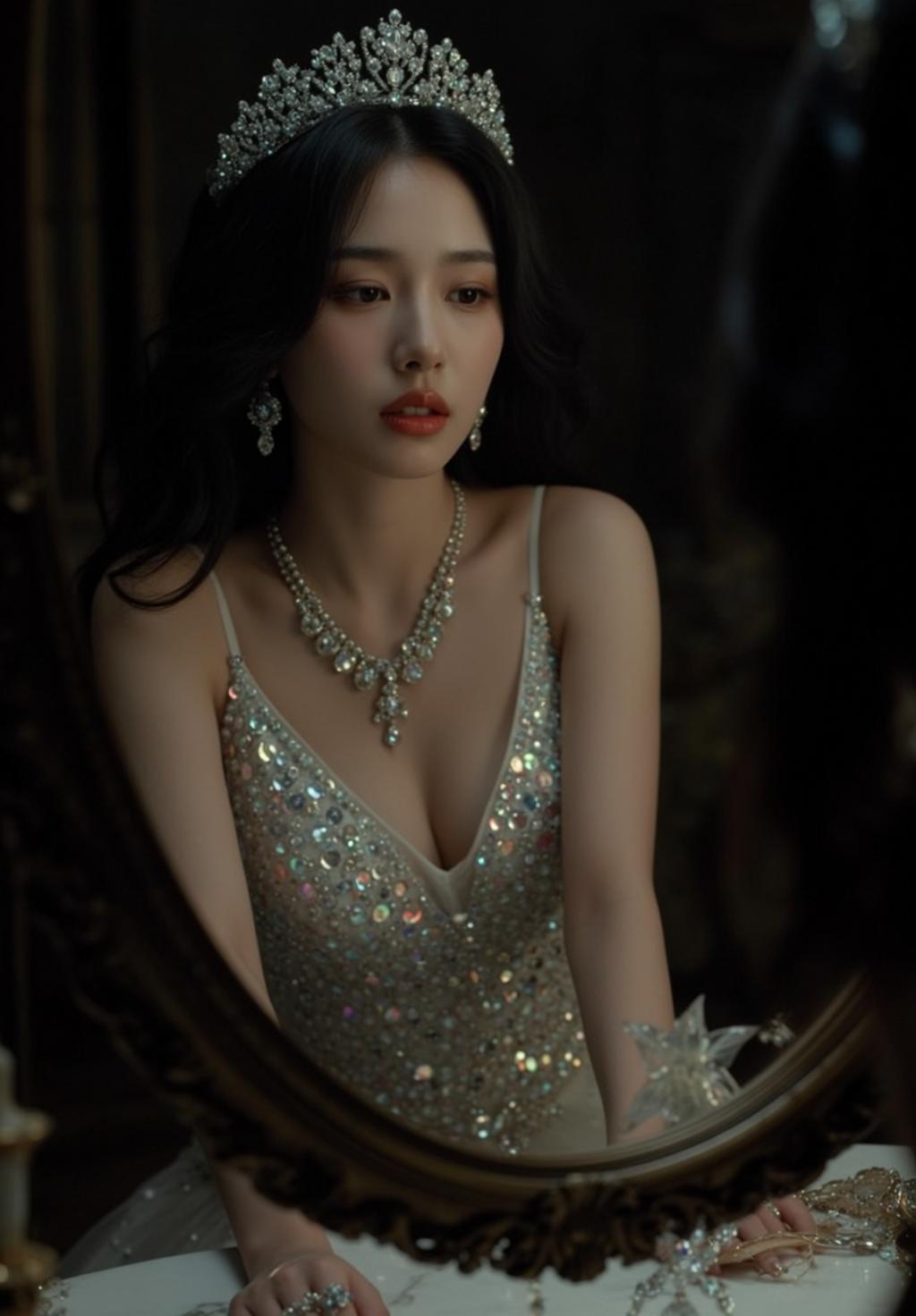 Melancholy Woman Diamond Dress Ornate Mirror