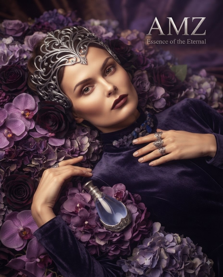 Close-up portrait of a woman holding a silver filigree perfume bottle against a dark background.