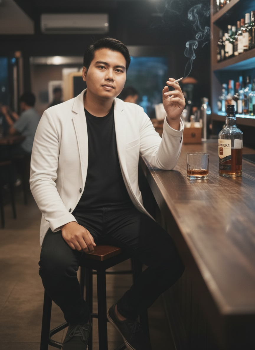 A man in a black t-shirt and white jacket enjoying whiskey at a cozy bar.