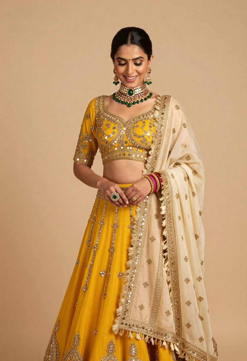 Woman Traditional Indian Bridal Attire Stands Against Soft Beige Background reference photo