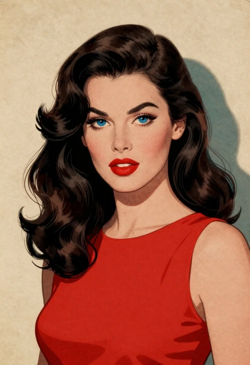 Vintage-style Illustrated Portrait Woman With Long Wavy Dark Hair And