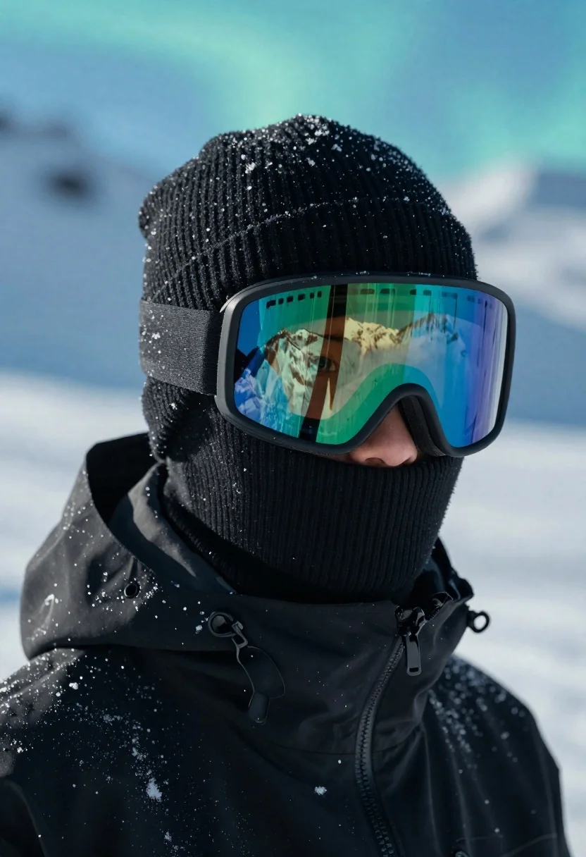 Close-up Portrait Snowboarder Black Winter Gear Against Snowy Mountain Background reference photo