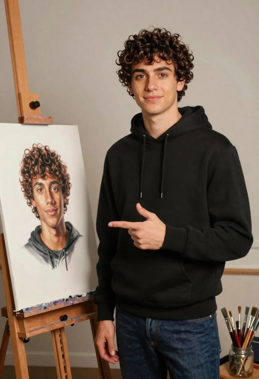 A young man stands confidently next to a wooden easel, showcasing a realistic portrait of himself under warm studio lighting.
