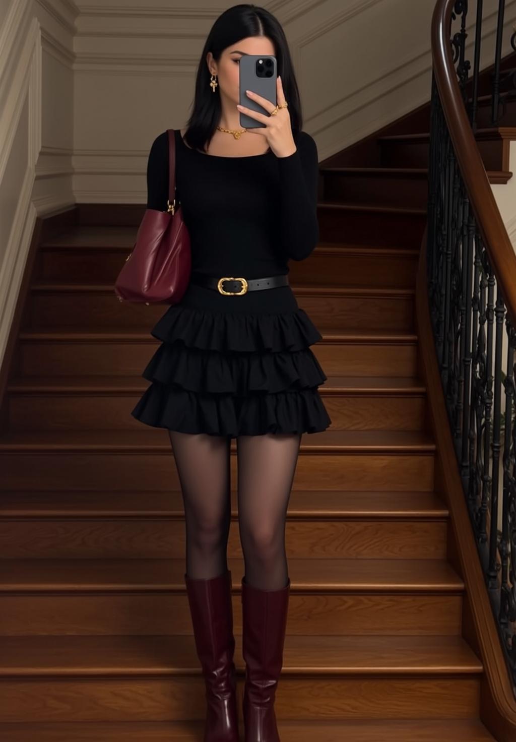 Stands Wooden Staircase Holding Smartphone Her