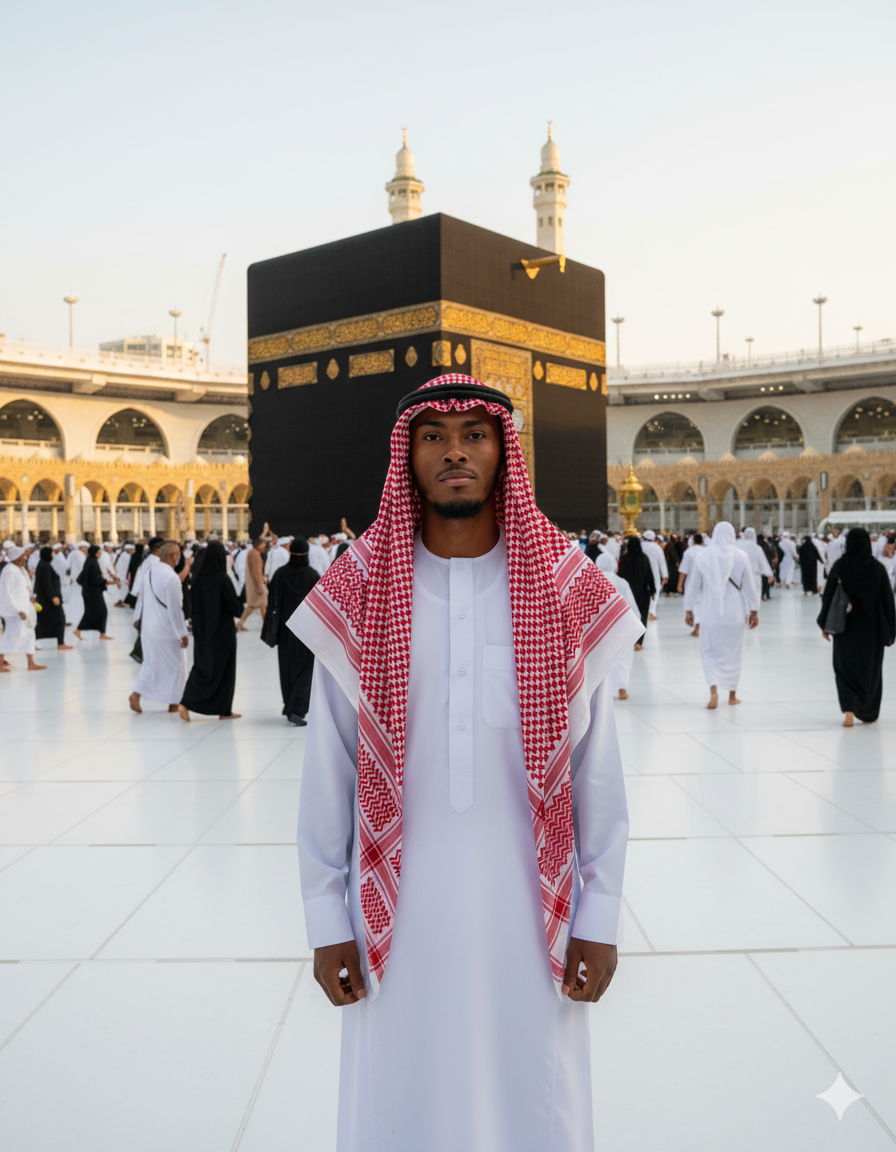 A young man in a traditional thobe and red-white keffiyeh stands peacefully in front of the Kaaba, with pilgrims and golden mosque lighting in the background.