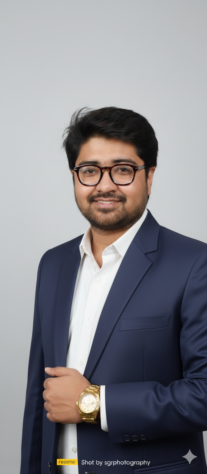 Portrait of a stylish man in a navy blue suit with a white shirt and luxury Rolex watch, posing confidently against a light gray background.