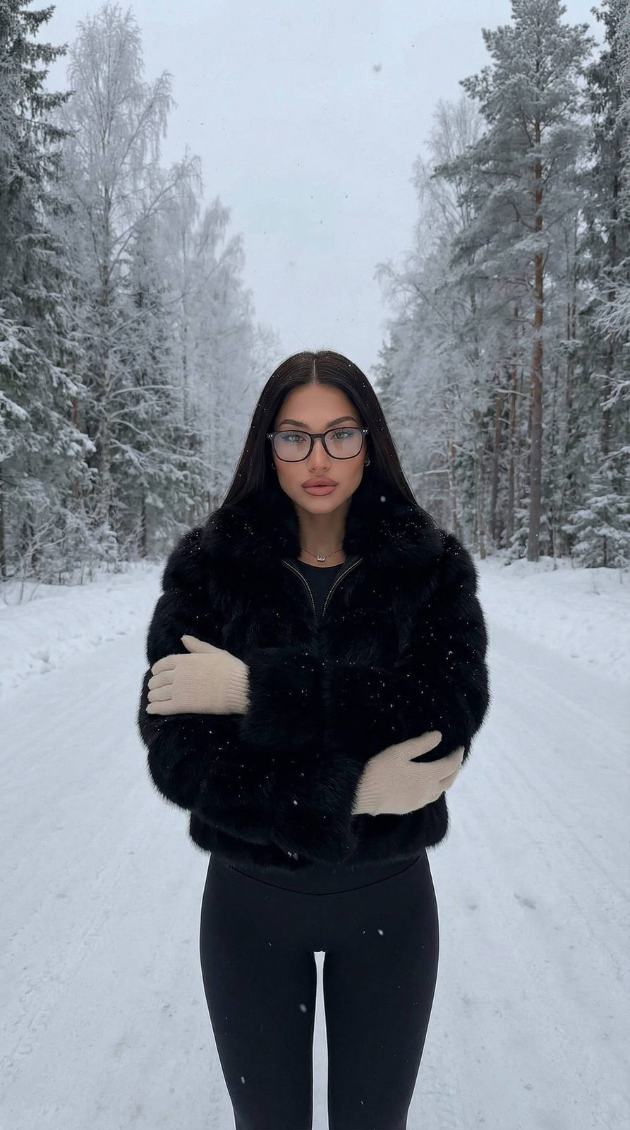 A woman in a plush fur jacket stands confidently on a snow-covered road, framed by frost-covered trees under soft winter light.
