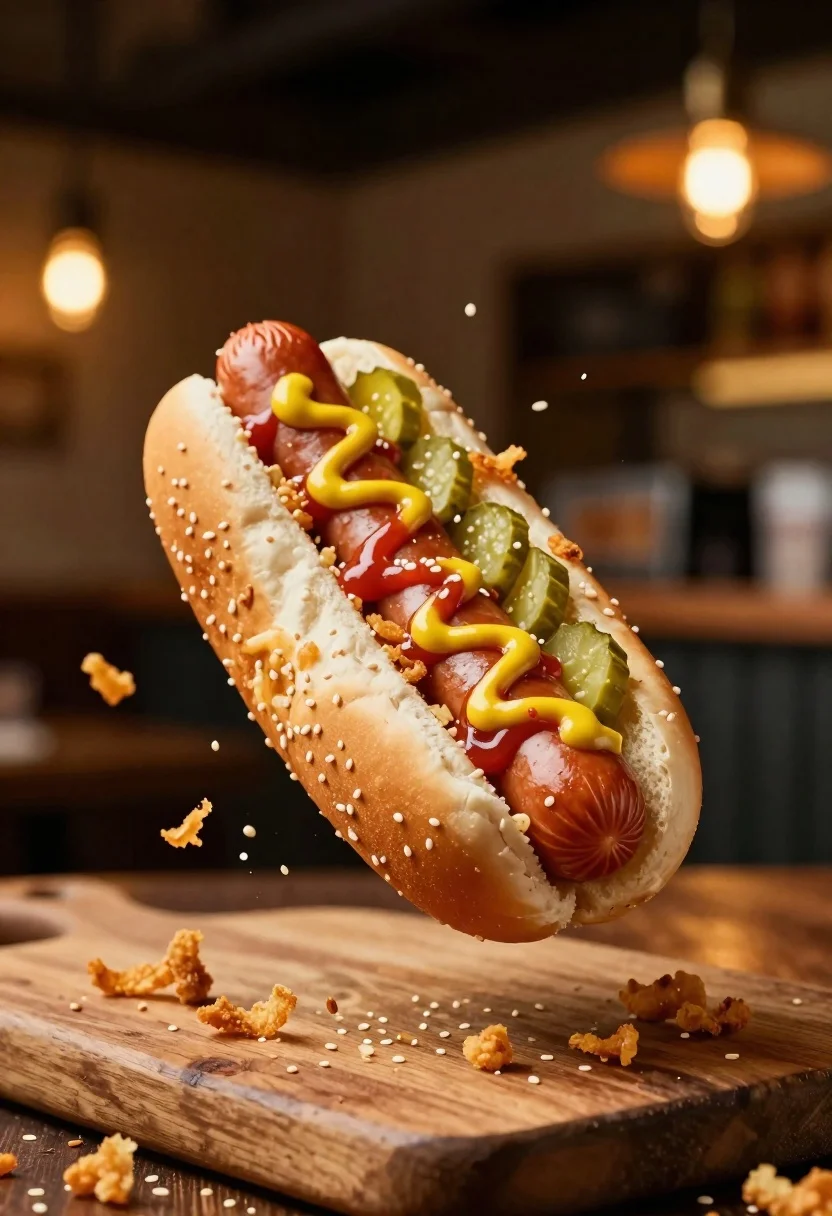 Mouthwatering Hot Dog Suspended Mid-air With Crispy Fried Onions Exploding