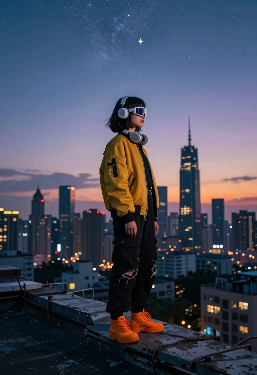 Solitary Figure Stands Profile Weathered Rooftop Overlooking Sprawling City Skyline