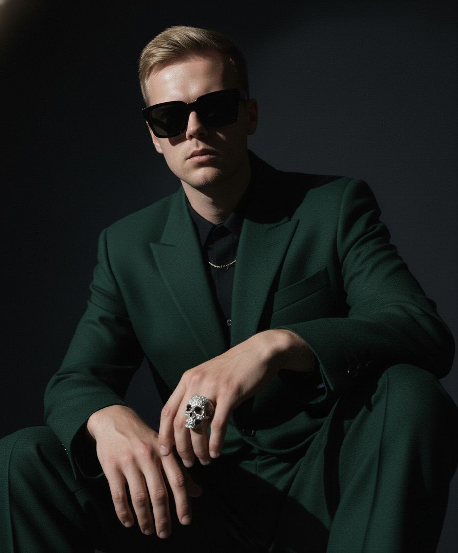 A cinematic fashion portrait of a man in a dark green wool suit, wearing Moscot glasses, with dramatic lighting and a moody background.