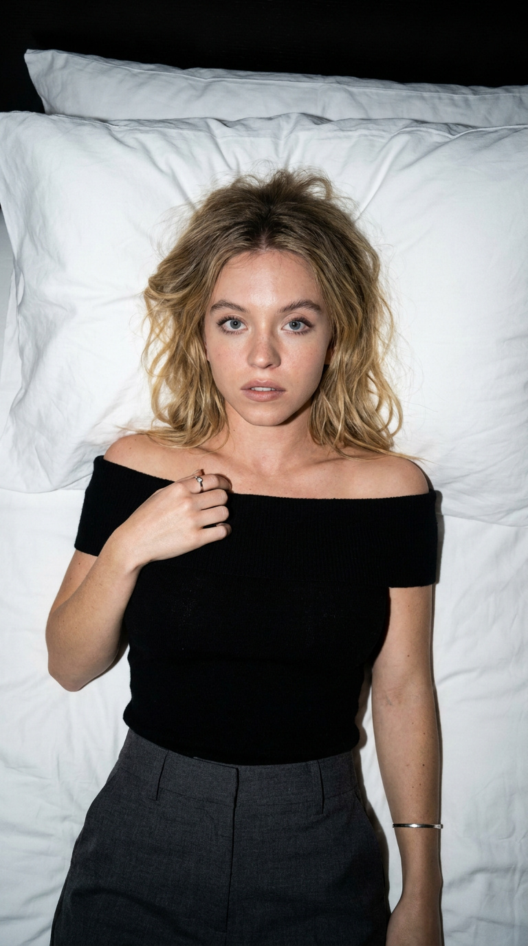White Bed Black Top Gray Trousers