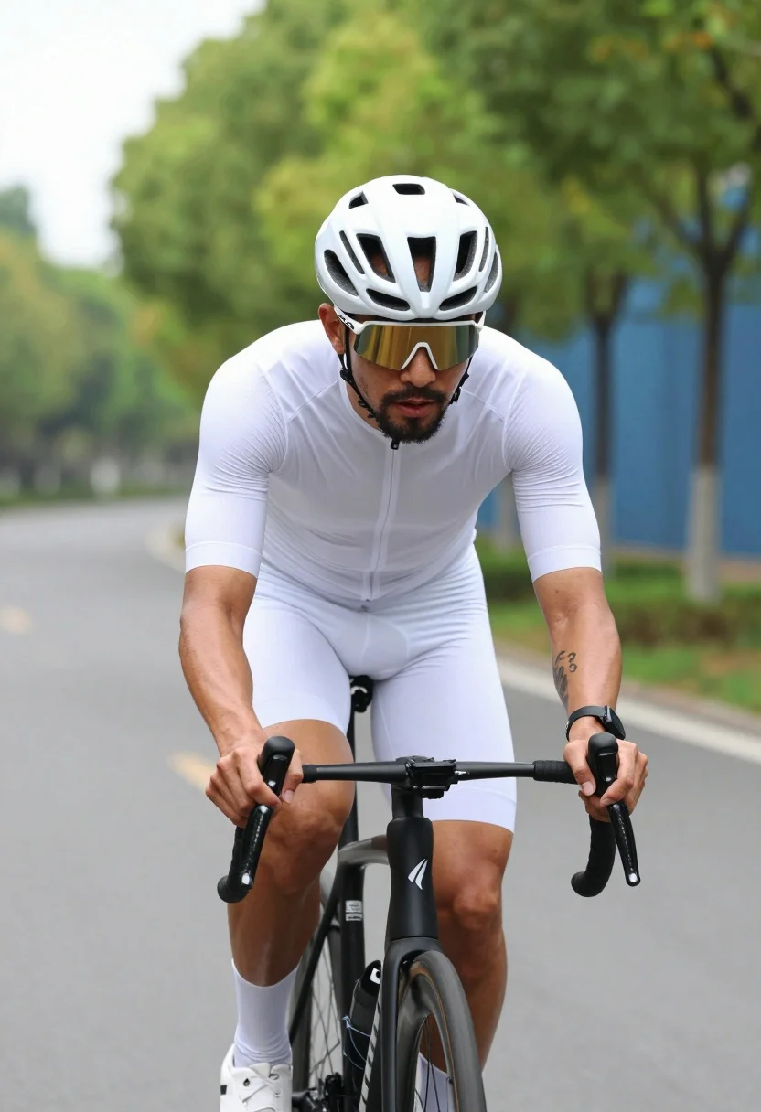 A focused male cyclist riding a sleek road bike through a tree-lined path under bright daylight.