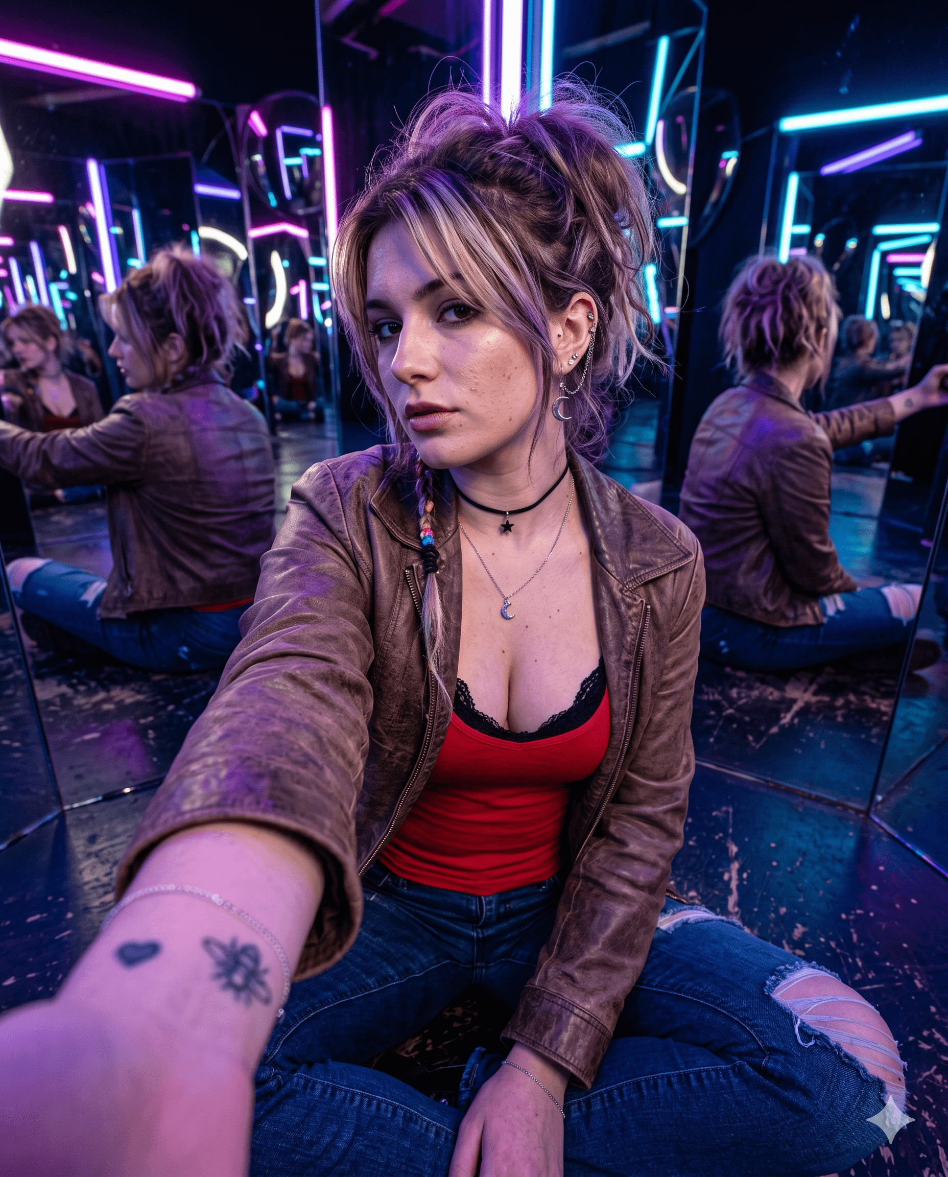 Person wearing a leather jacket and denim jeans seated in an infinity mirror room with neon lights.