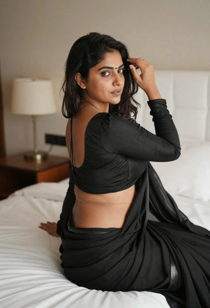 Woman Black Saree Sits Bed With Her Hand Raised Her reference photo