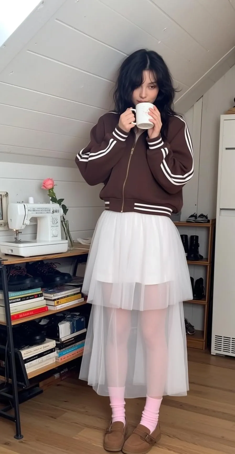 Balletcore Stands Facing Slightly Her Right Holding