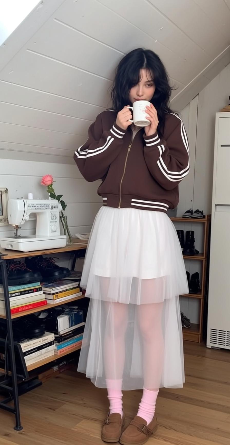 Balletcore Stands Facing Slightly Her Right Holding