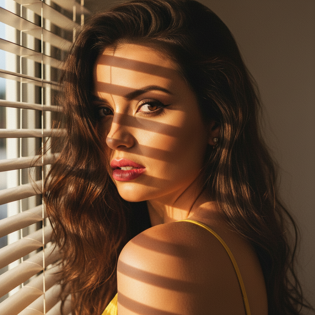 Intimate close-up of a woman near window blinds, golden hour light creates dramatic shadows over her face.