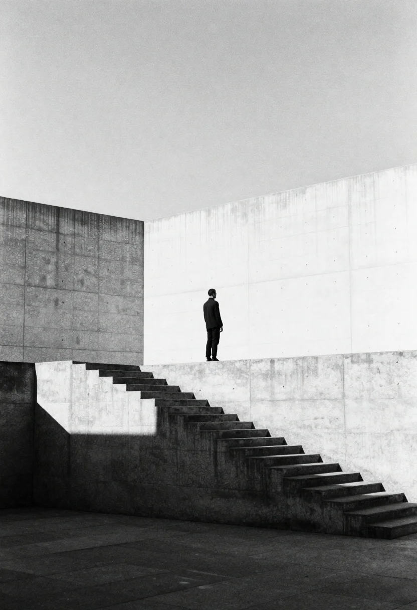 Black And White Architectural Minimalist Scene Featuring Solitary Figure Standing reference photo