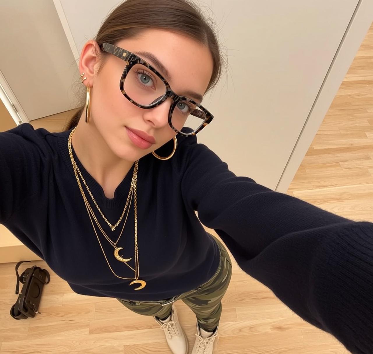 Dark Blue Sweater and Pants with White Boots on Interior