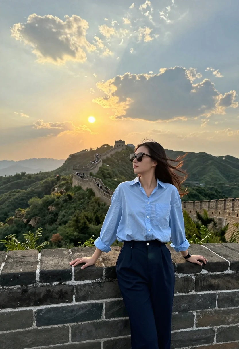 Woman Stands Leaning Against The Stone Battlements The Great Wall