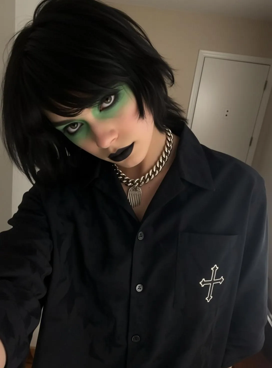 Halloween Makeup Young Dark Hair Striking Green