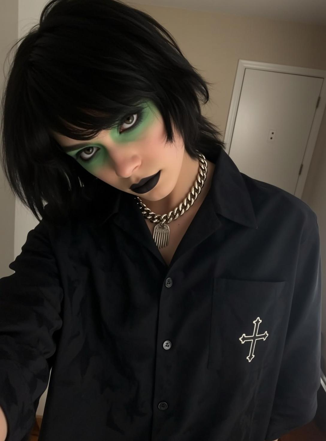 Halloween Makeup Young Dark Hair Striking Green