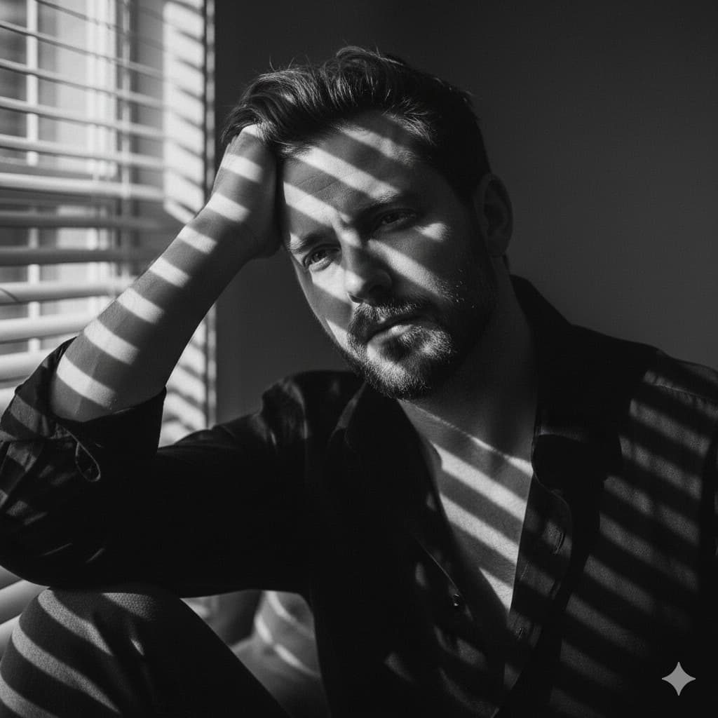 A man with a thoughtful expression sitting by a window, sunlight creating dramatic shadows across his face and body.
