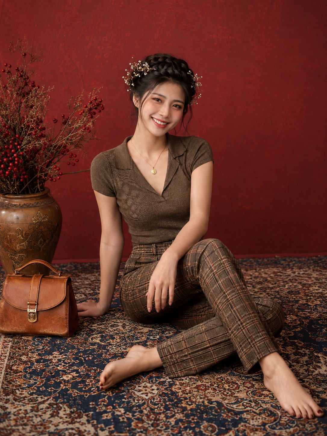 Brown Knit Polo Plaid Trousers Persian Rug