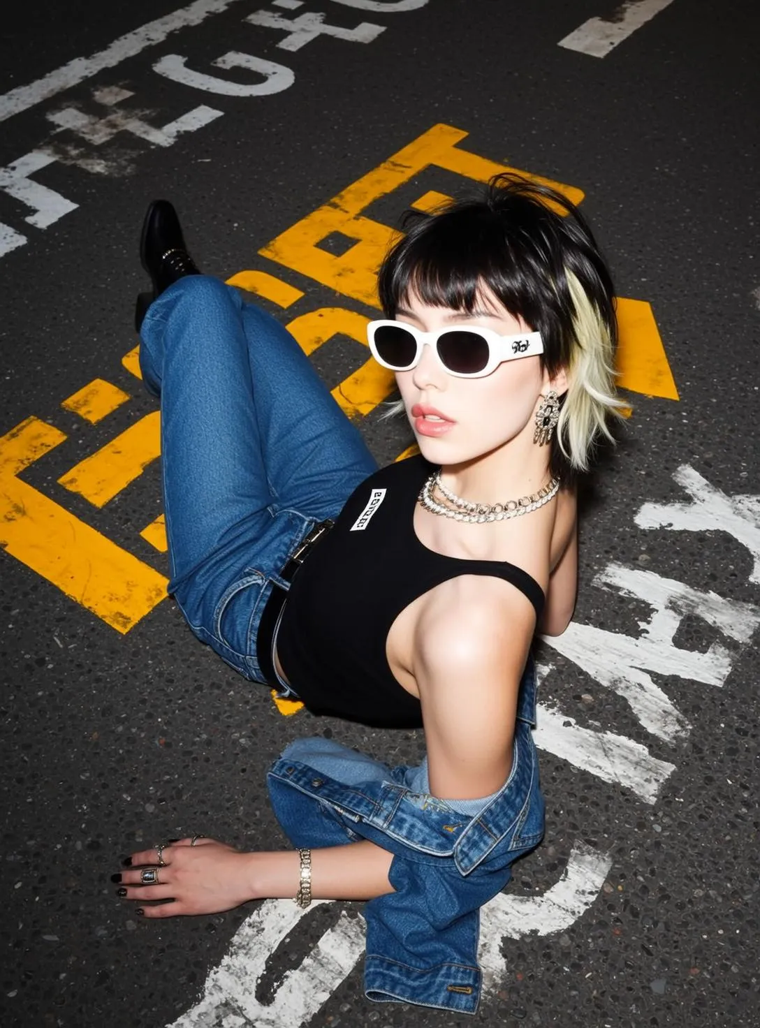 Sunglasses Earrings Necklace Bracelets Rings And Nails In Denim Portrait
