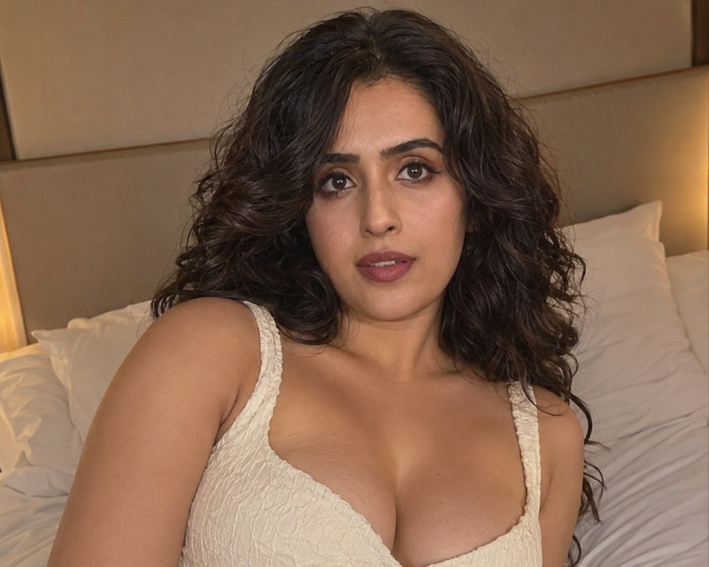 Cream Top Sitting On Bed Soft Lighting