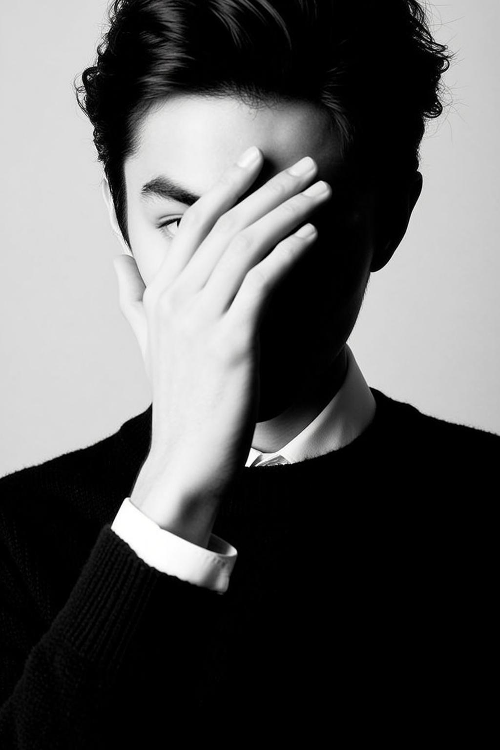Black And White Medium Close-up Portrait Young Man With Dark