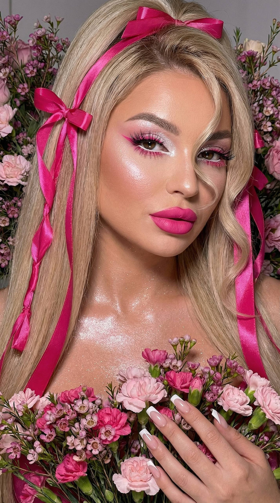 Close-up of a girl in high fashion with long shiny hair tied with pink ribbons, elegant makeup, and pink flowers.