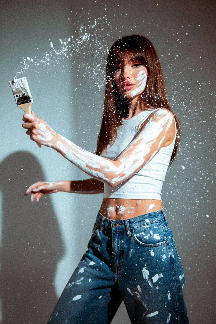 A woman in a sleeveless crop top and blue baggy jeans, marked with expressive paint, flicks a brush mid-motion, splattering paint droplets in a minimal gray studio.