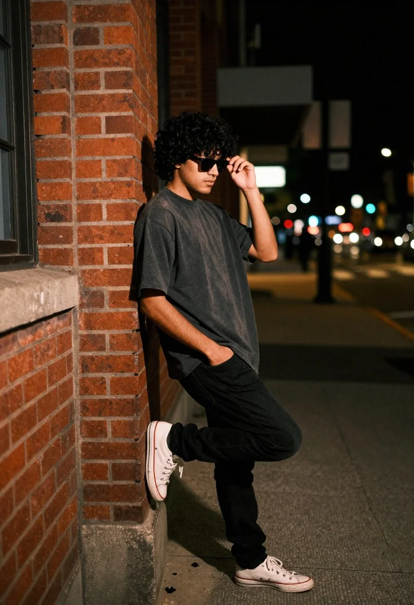 Young Man With Curly Dark Hair Leans Casually Against Red
