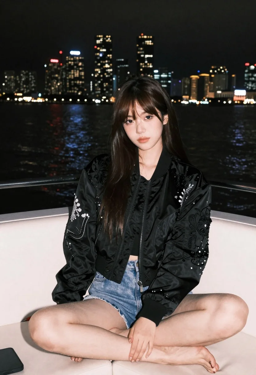 Young Woman With Long Dark Hair And Bangs Sits Cross-legged reference photo