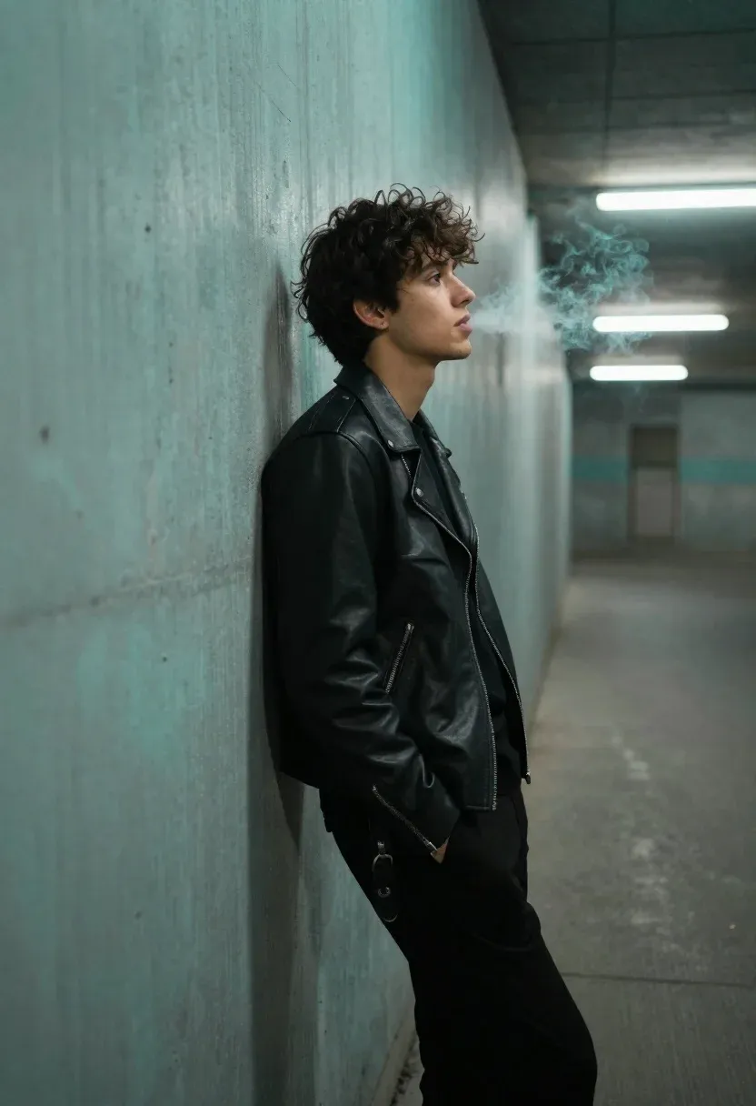 Young Man With Messy Dark Hair Stands Profile Leaning Against