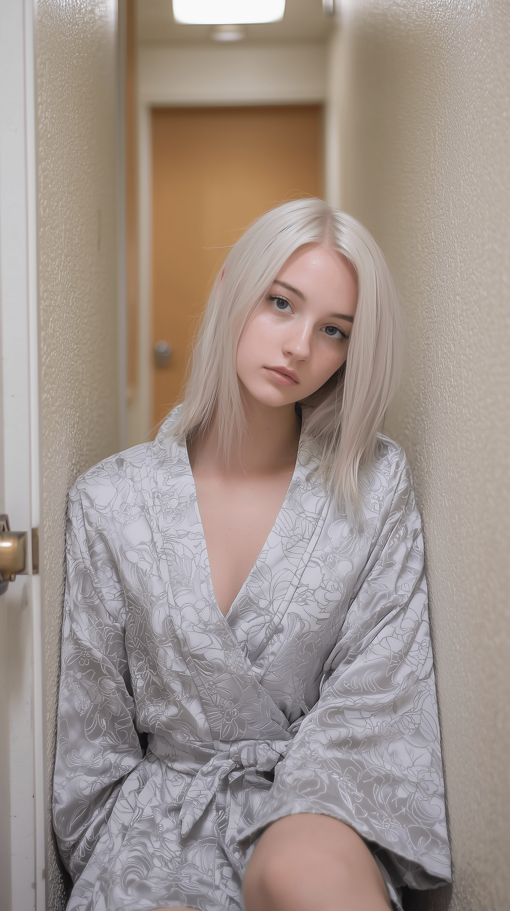 Platinum Hair Silk Kimono Hallway