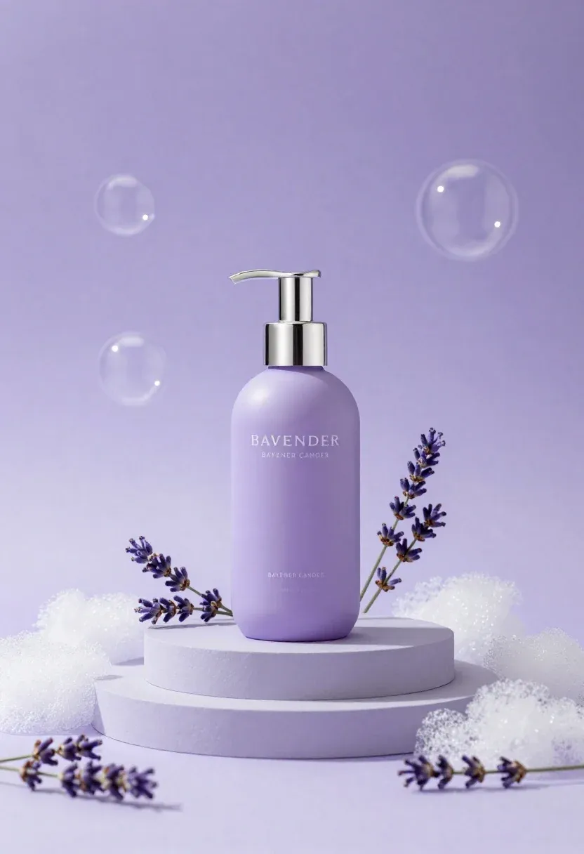 Lavender Pump Bottle Sits Centrally Tiered Circular Pedestal Surrounded White
