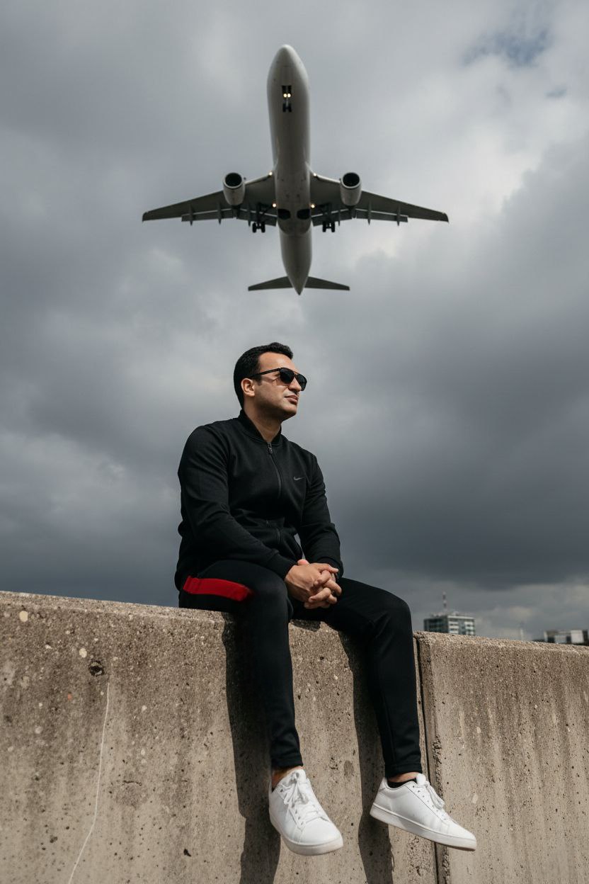 A young man in sunglasses and black jacket casually sitting on a concrete edge, with a low-flying airplane overhead in a dramatic sky.