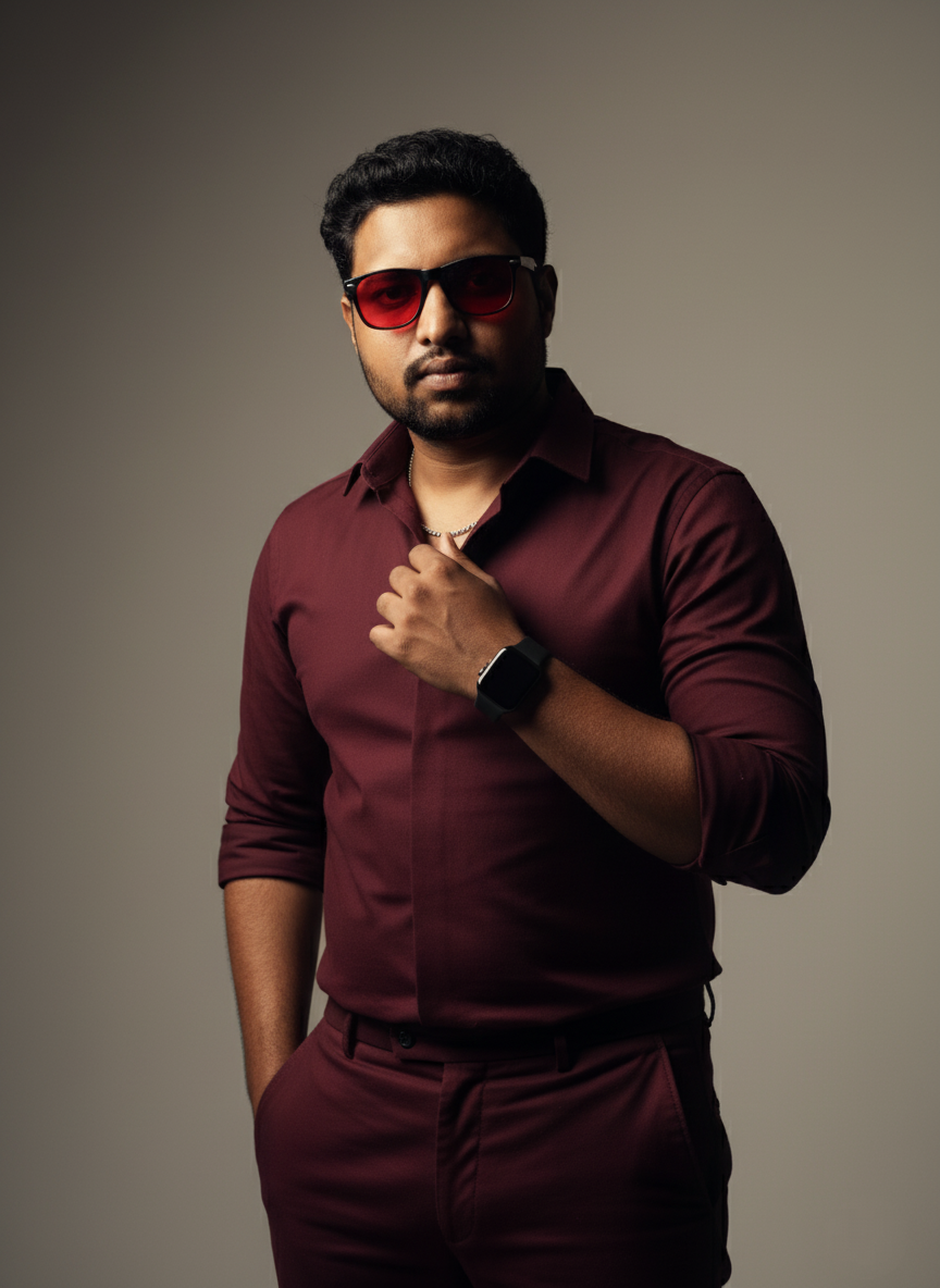 A confident man in a maroon shirt and pants, posing in a studio with soft lighting, red sunglasses, and a serene expression.