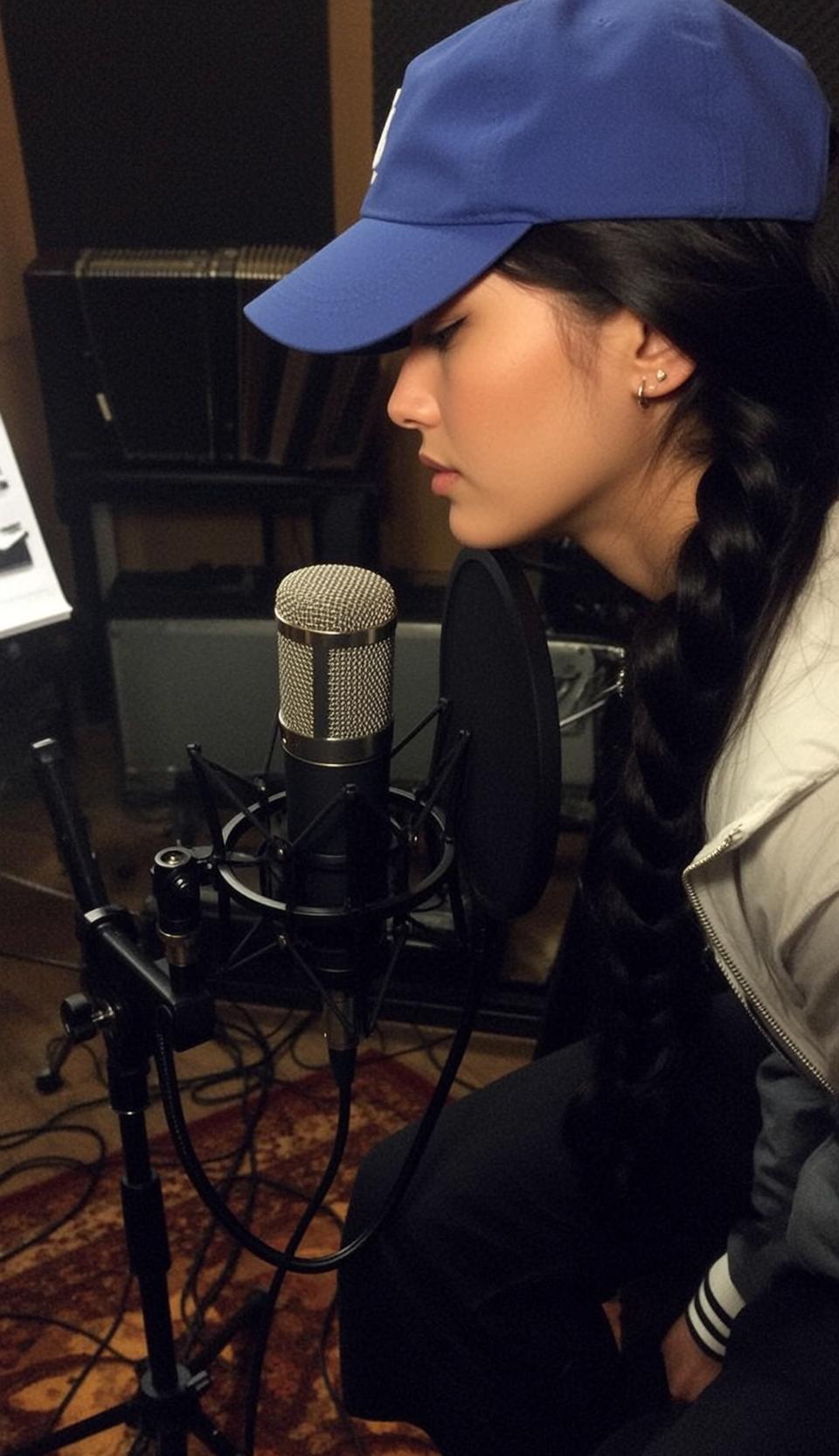 Blue Cap Woman Profile Singing Microphone