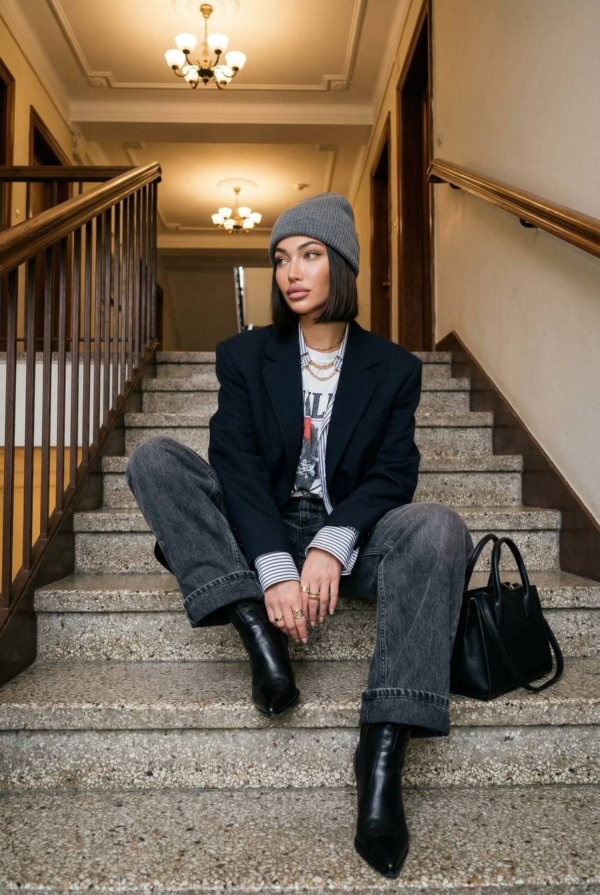 A woman in a vintage stairwell wearing a navy oversized blazer and white graphic tee, seated casually on stone steps.