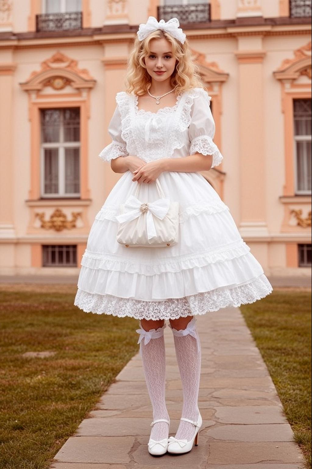 White Bow Garden Dress Pose