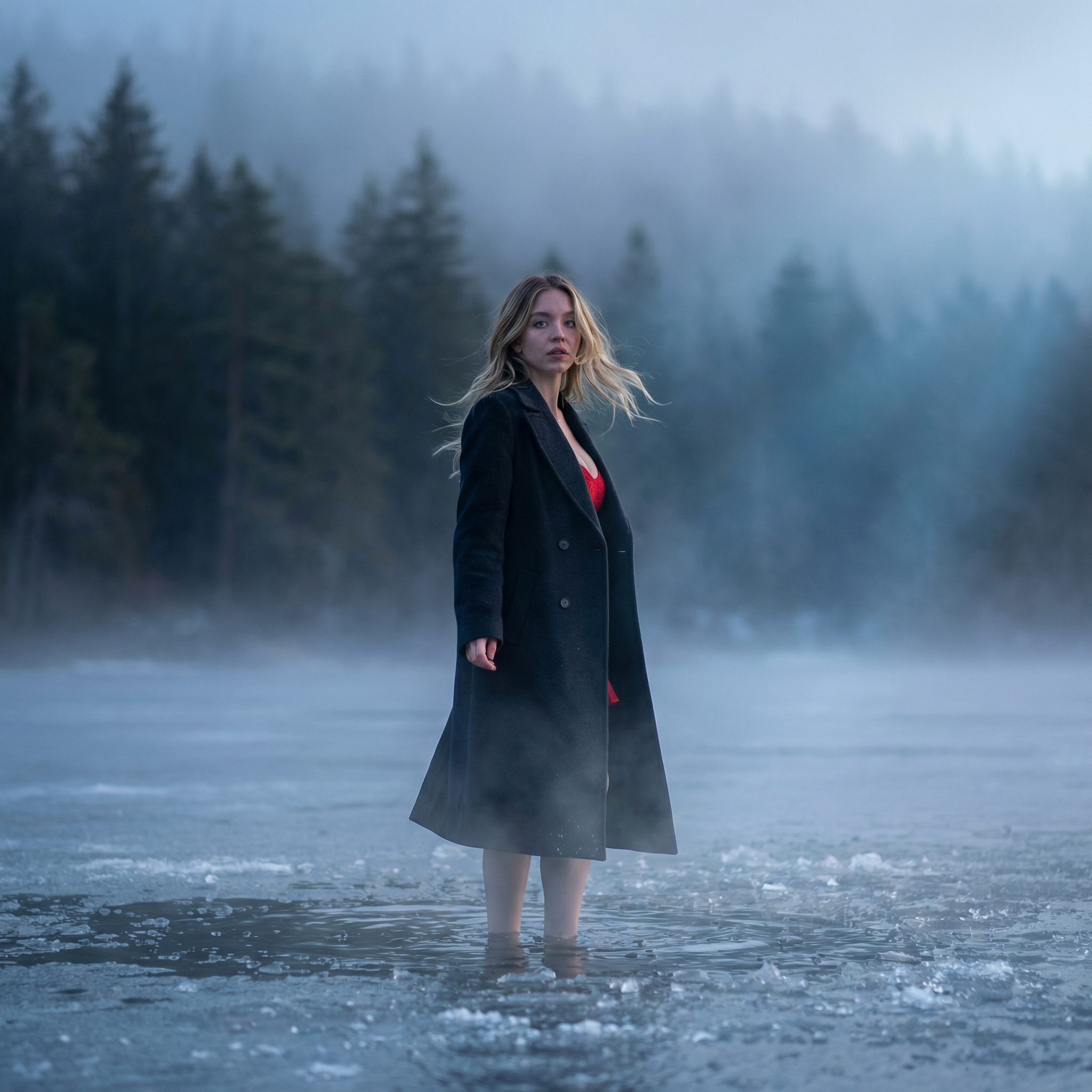 Person in a red dress standing in partially frozen water with mist and a foggy forest background.