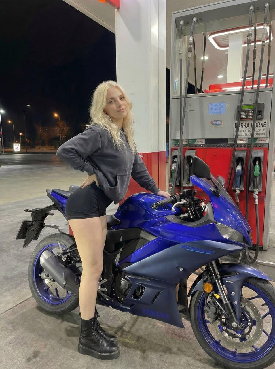 Blue Motorcycle Gas Station Night Outfit