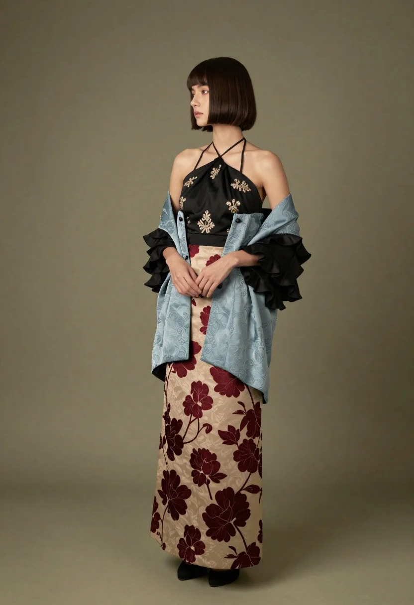 Full-length Studio Portrait Woman With Chic Dark Brown Bob Haircut