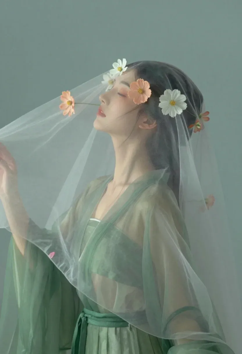 Woman Profile With Translucent Veil Blowing Across Her Face Adorned