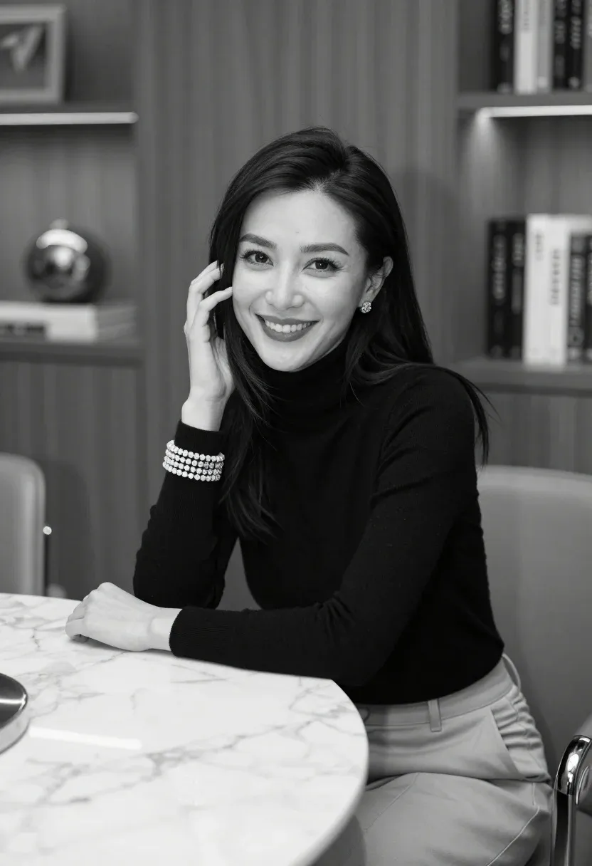 Smiling Woman With Long Dark Hair Sits Marble Table Modern
