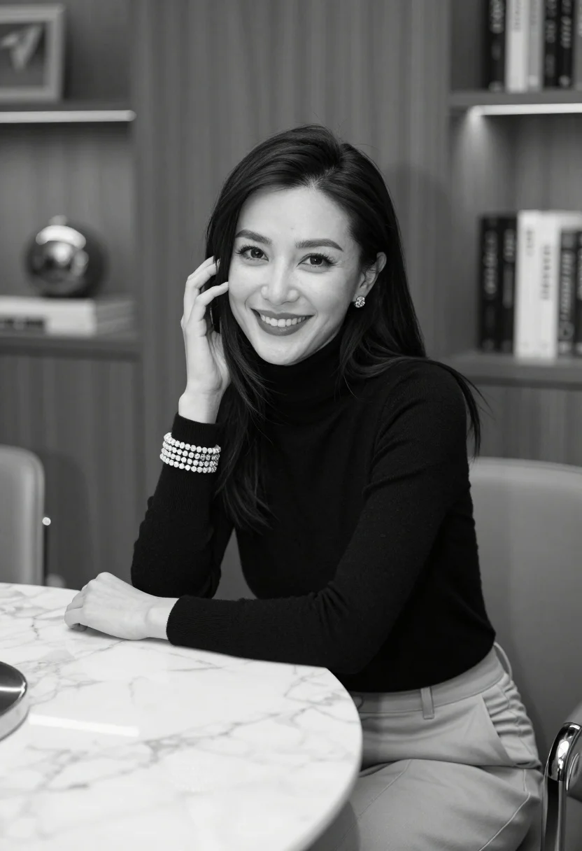 Smiling Woman With Long Dark Hair Sits Marble Table Modern